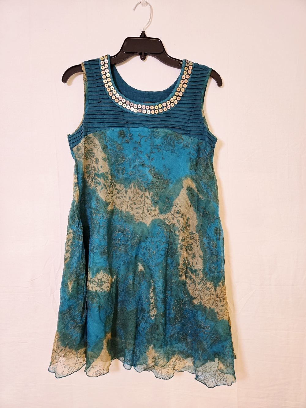 Sleeveless Teal Floral Chiffon Dress/Tunic with Embellished Neckline